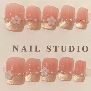 [XS] 10Pcs Handmade Wearable Press on Nails Full Cover French Cat Eye 3D Flower